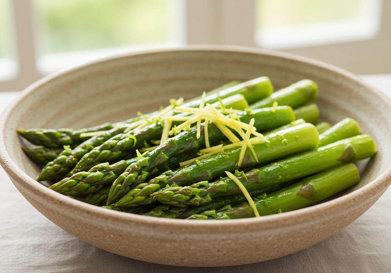 The finished asparagus dish in a serving bowl, garnished with lime zest and fresh ginger threads