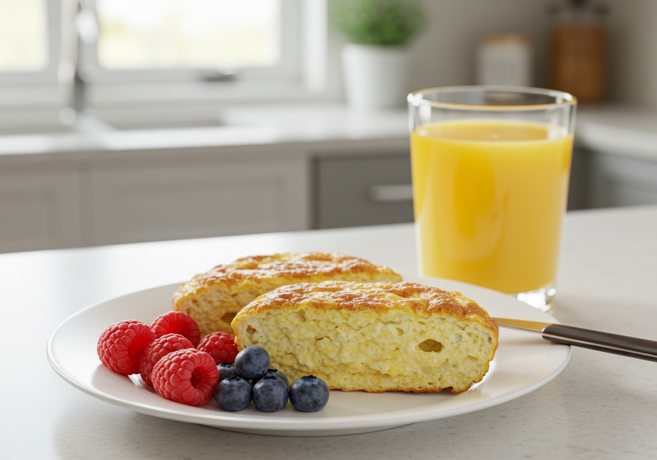 The finished easy scrambled egg style brunch bread being served on a plate with a side of fresh berries and a glass of orange juice.