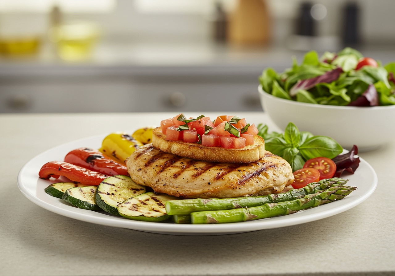 The finished grilled bruschetta chicken served on a plate with a side of grilled vegetables or a simple salad.