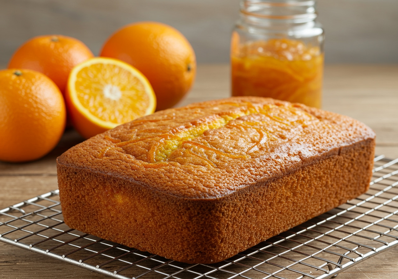 The finished orange marmalade cake on a cooling rack, with a view of fresh oranges and a jar of marmalade nearby.