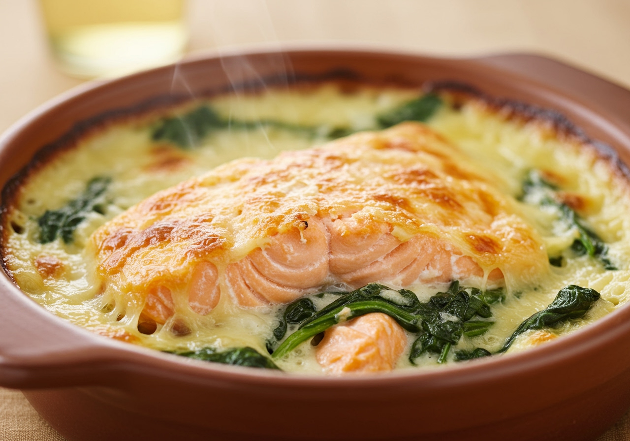 The finished salmon and spinach soymilk gratin bubbling in a ceramic dish, with a golden-brown top and visible pieces of salmon and spinach.