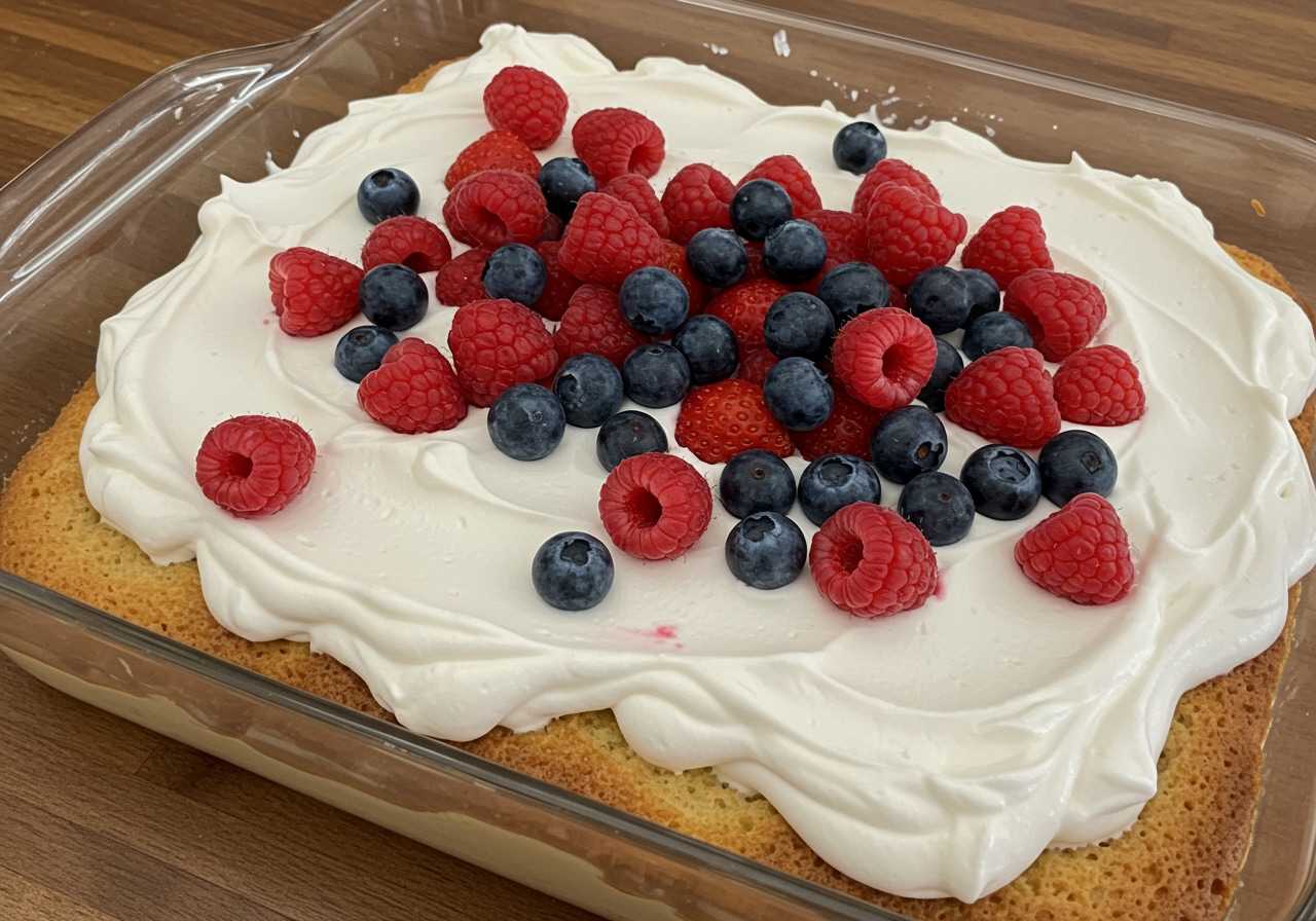 The finished Tres Leches cake in the 9x13 inch dish, topped with whipped cream and fresh berries, looking ready to be served.