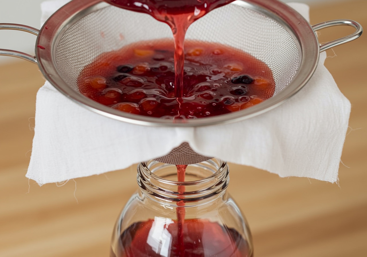 The fruit and vinegar mixture being strained through a sieve lined with cheesecloth into a clean bottle.