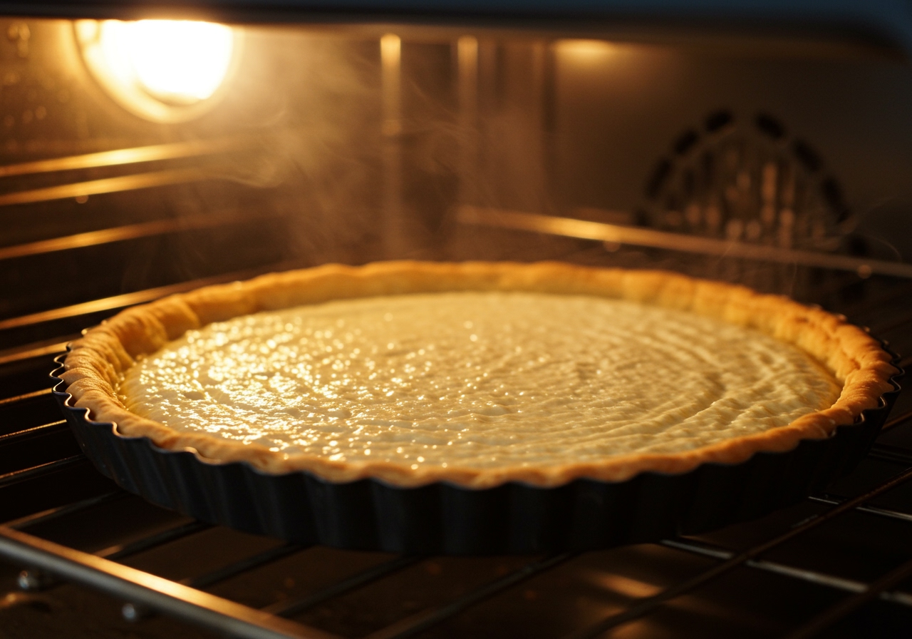 The healthy ricotta tart baking in the oven, showing the filling just starting to set and the crust turning golden.
