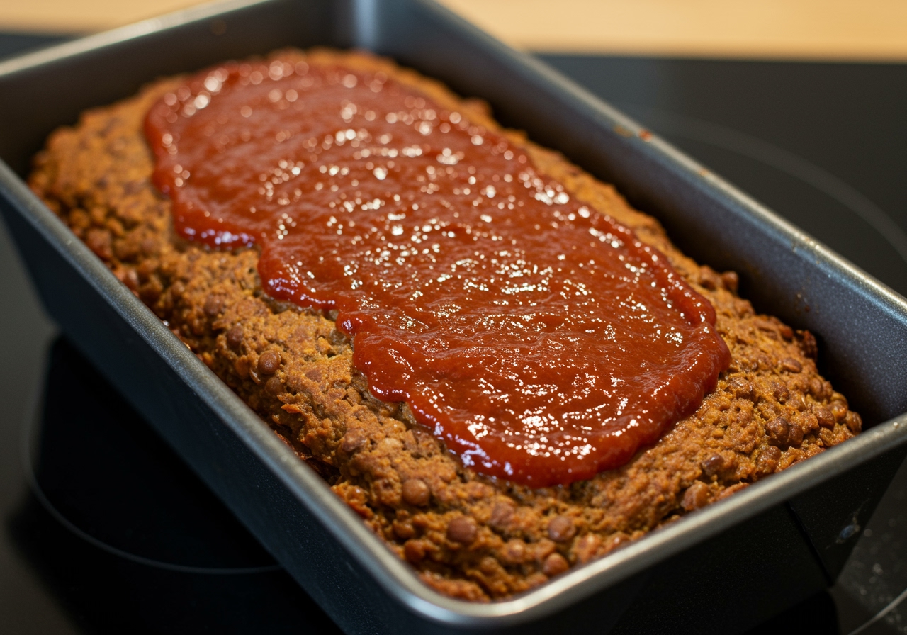 The lentil meatloaf after baking, with a glossy, reddish-brown glaze on top, still in the loaf pan.