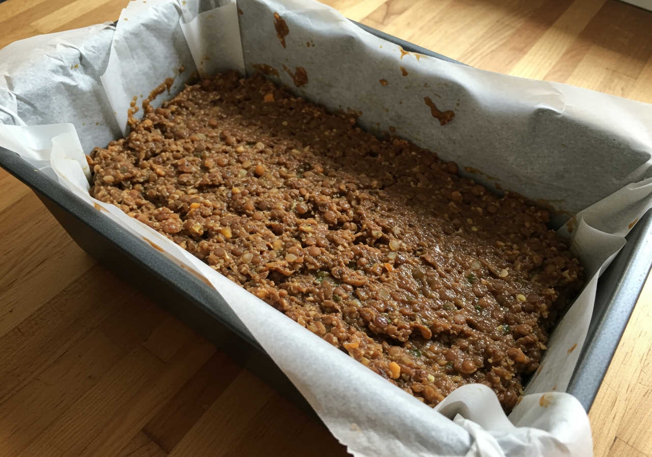 The lentil meatloaf mixture pressed into a loaf pan lined with parchment paper, ready to be baked.