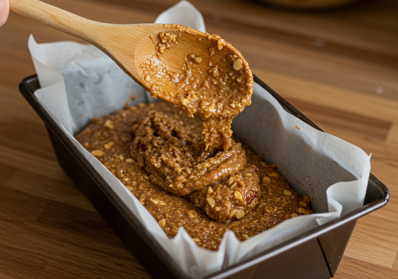 The nut bread mixture being poured or scooped into a loaf pan lined with parchment paper.