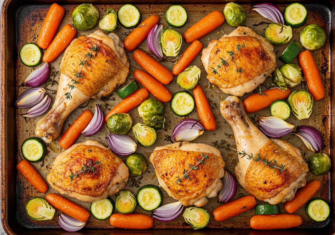 The same sheet pan from the previous image, now roasted golden brown with crispy chicken skin and tender vegetables.