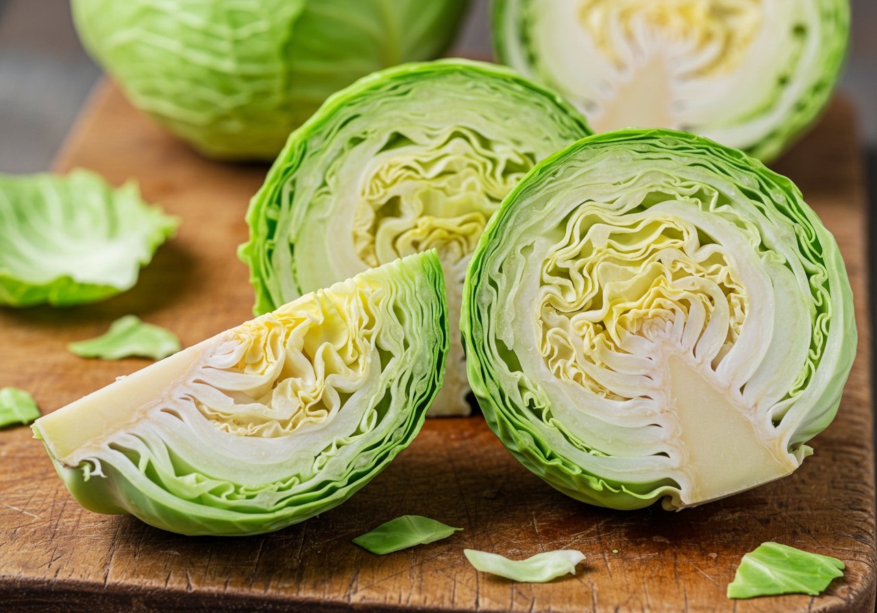 Thick slices of raw cabbage on a cutting board with the core visible