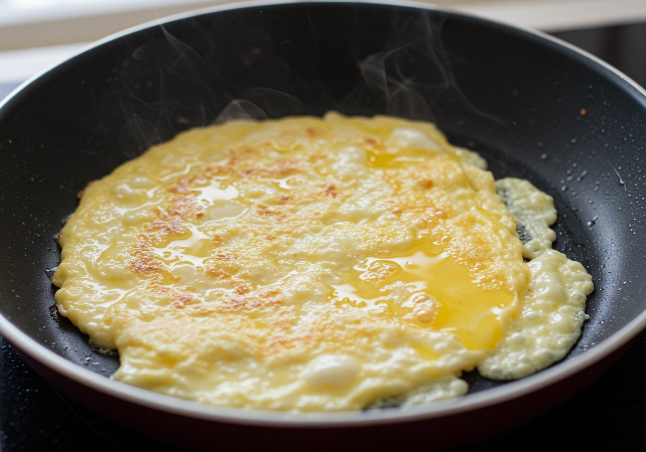 Thinly spread egg mixture cooking in a small pan, showing a semi-cooked state perfect for wrapping