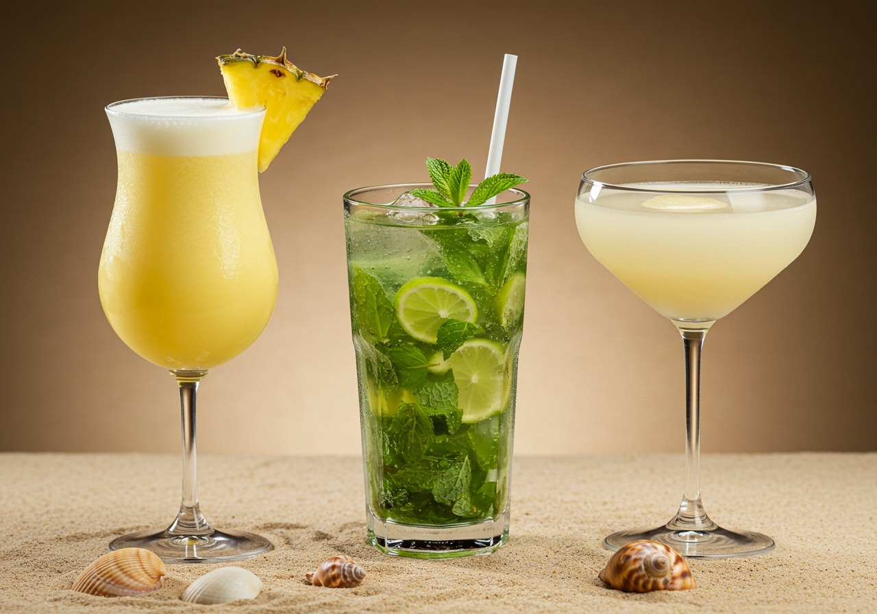 Three classic tropical cocktails side-by-side: a creamy yellow Pina Colada with a pineapple wedge, a clear green Mojito with mint and lime, and a pale white Daiquiri in a coupe glass, on a sandy background with seashells.