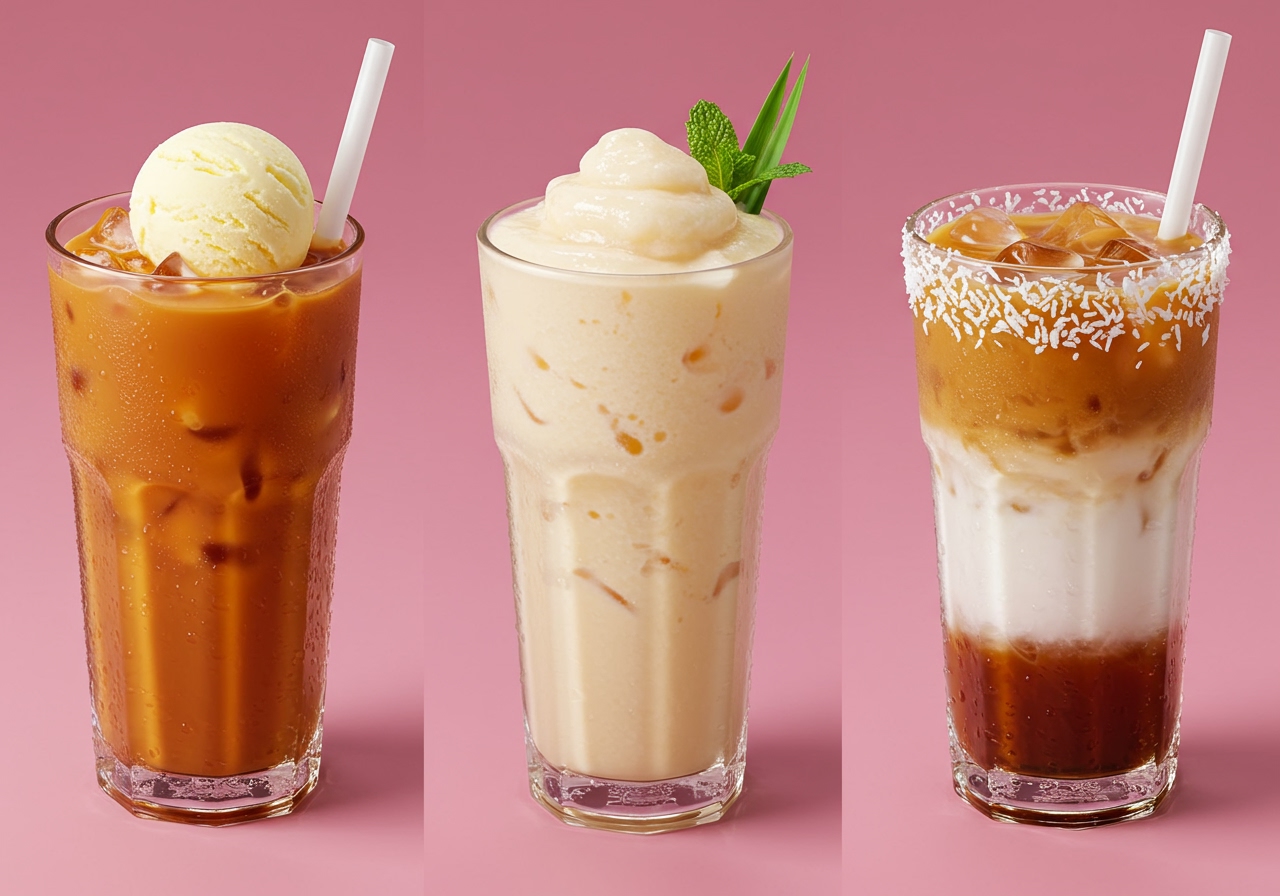 Three different glasses of Teh Tarik summer arrangements: one Teh Tarik Float with ice cream, one Teh Tarik smoothie/slushy, and one Coconut Teh Tarik showing a layered effect.