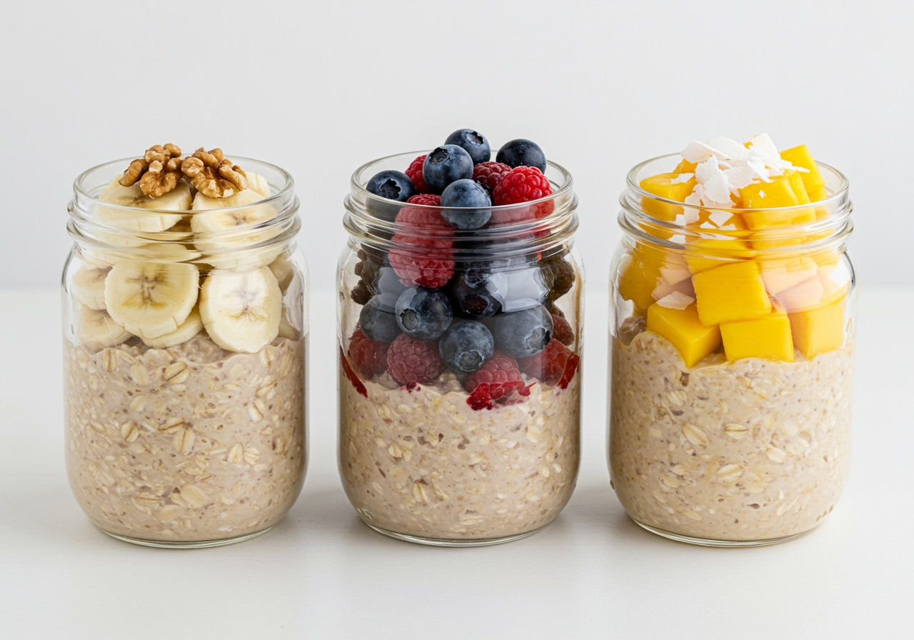 Three different jars of overnight oats lined up, each with unique toppings like sliced banana and walnuts, mixed berries, and mango and coconut flakes.