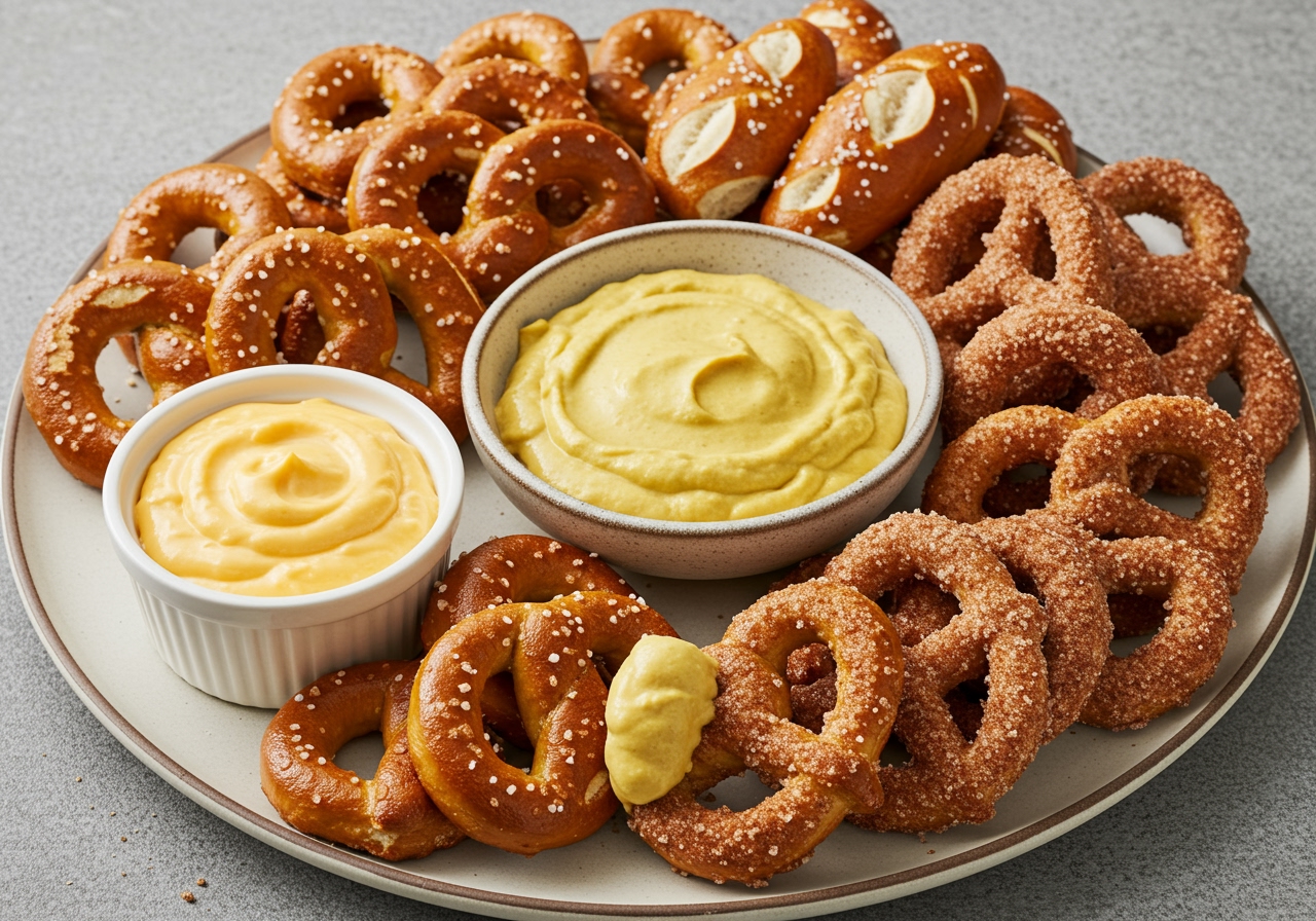 Three different serving suggestions for soft pretzels on a platter: one with cheese dip, one with mustard, and one covered in cinnamon sugar.