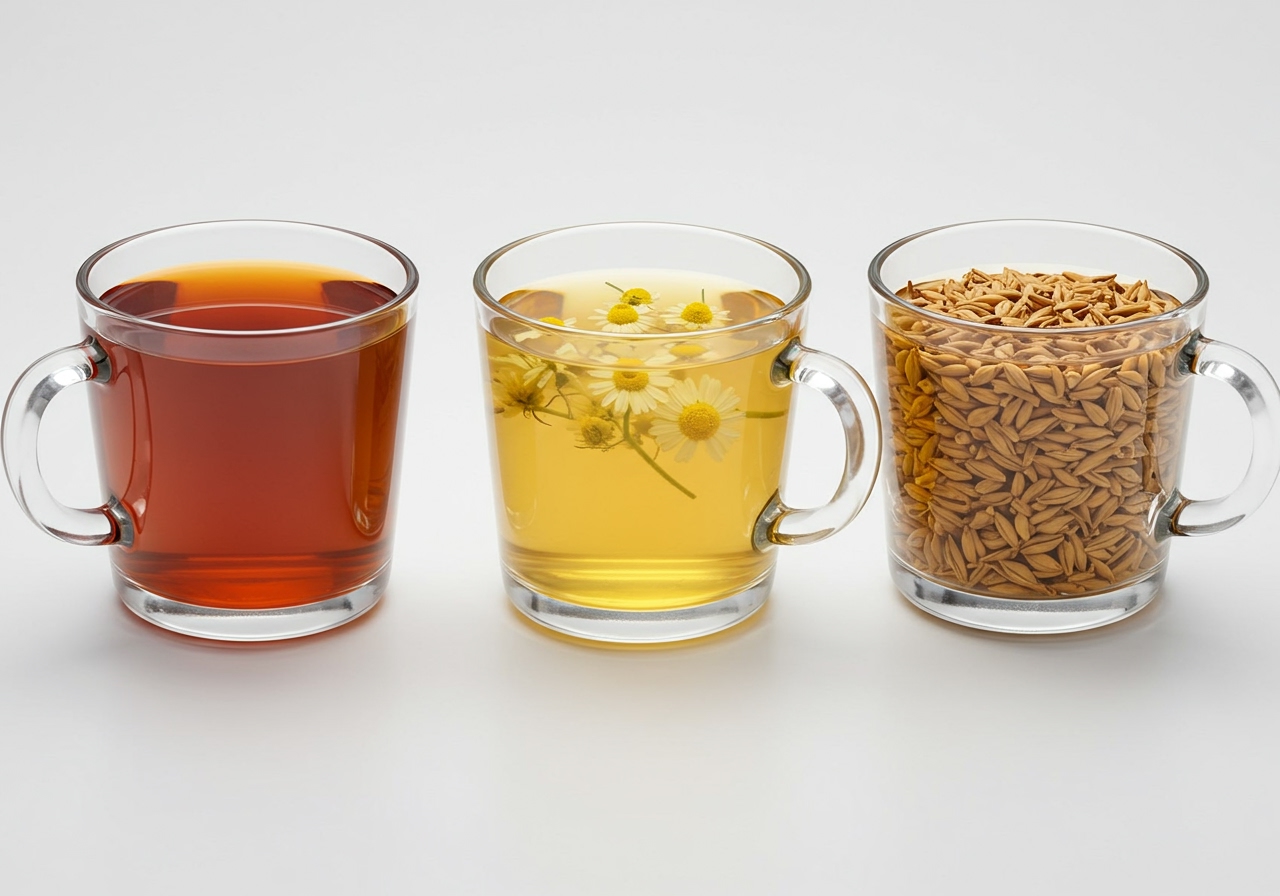 Three glass teacups side-by-side, one with reddish rooibos tea, one with golden chamomile tea, and one with light brown barley tea.