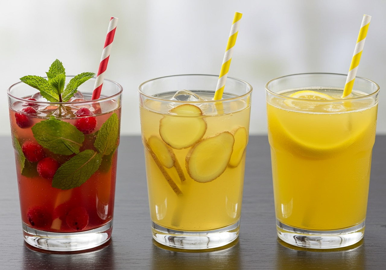 Three glasses of lemon squash variations: one with mint and berries, one with ginger slices, and one classic, showing the different ingredients and colors.