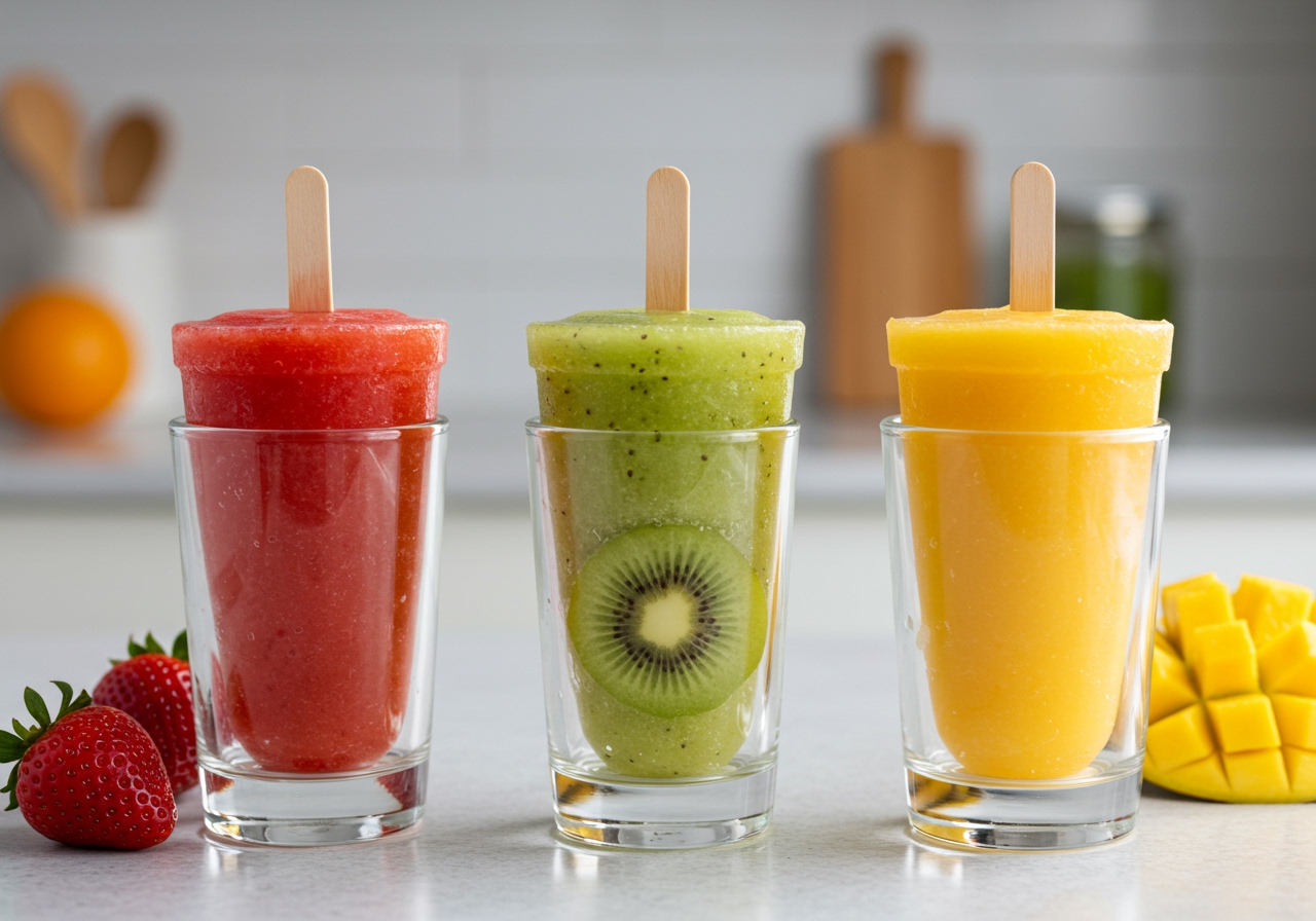 Three homemade fruit ice pops in different vibrant colors (strawberry red, kiwi green, mango yellow) standing upright in clear glass, with fresh fruit pieces clearly visible inside, on a bright kitchen countertop.