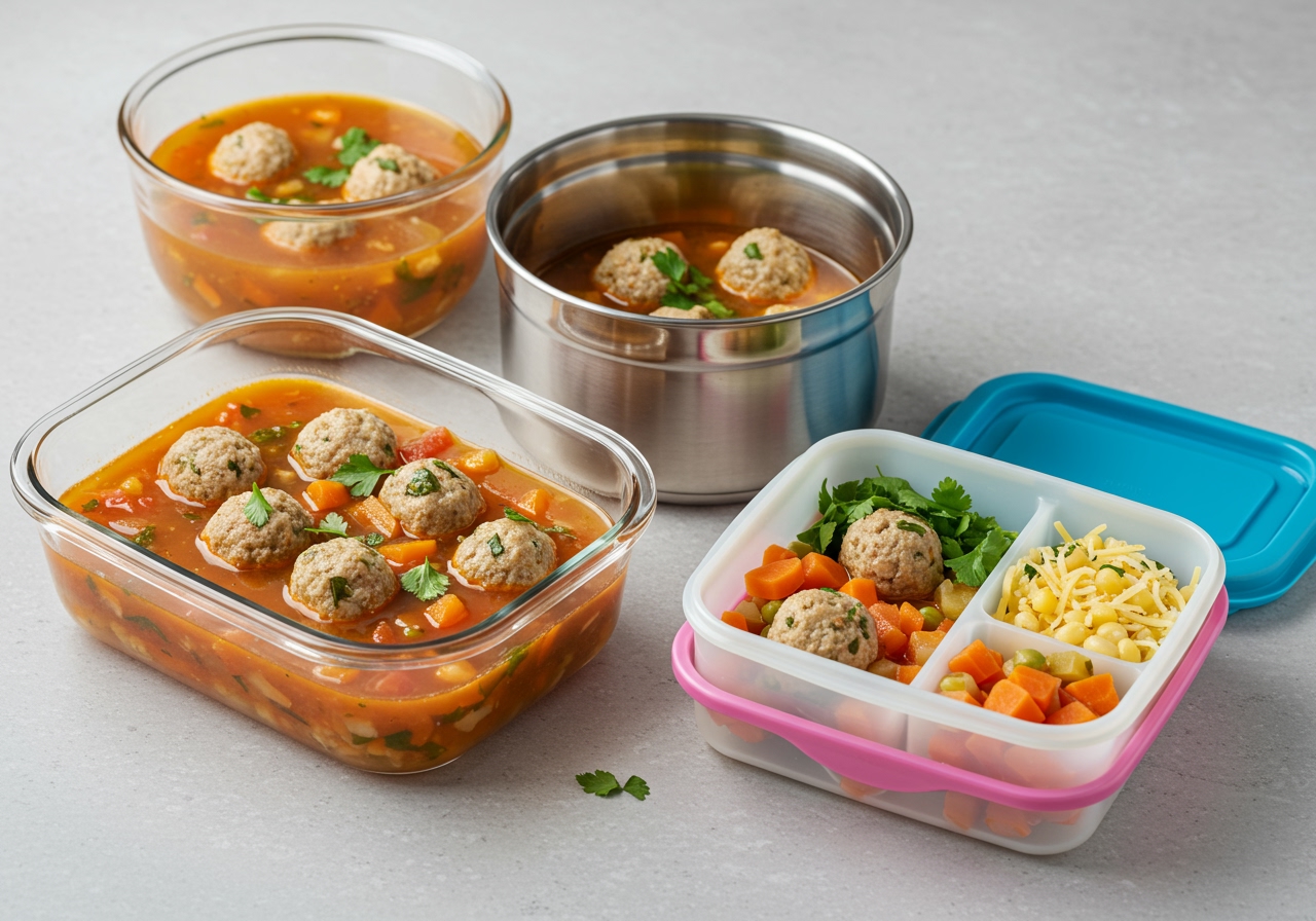 Three portions of healthy Albondigas soup in different storage containers for meal prep