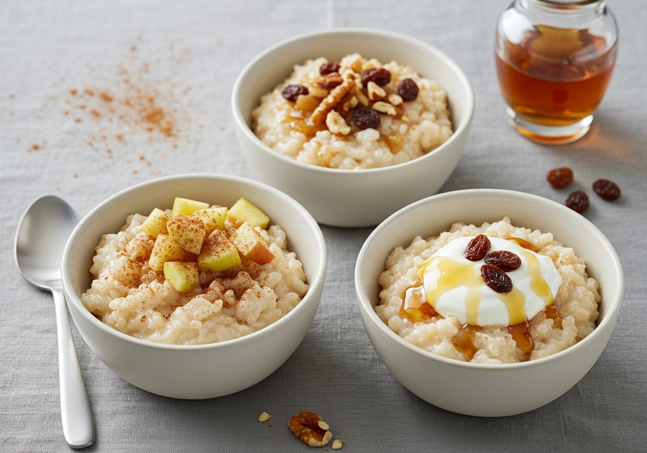 Three small bowls of apple rice pudding with different toppings: one with cinnamon, one with chopped nuts and raisins, and one with a dollop of yogurt and a drizzle of maple syrup.