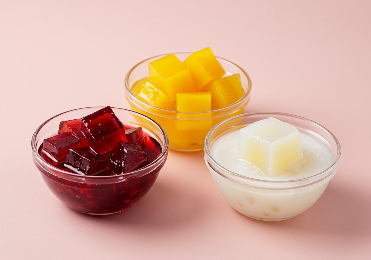 Three small bowls of colorful jelly drinks: one red (berry), one yellow (mango), and one white (milk). Arranged appealingly on a light background.
