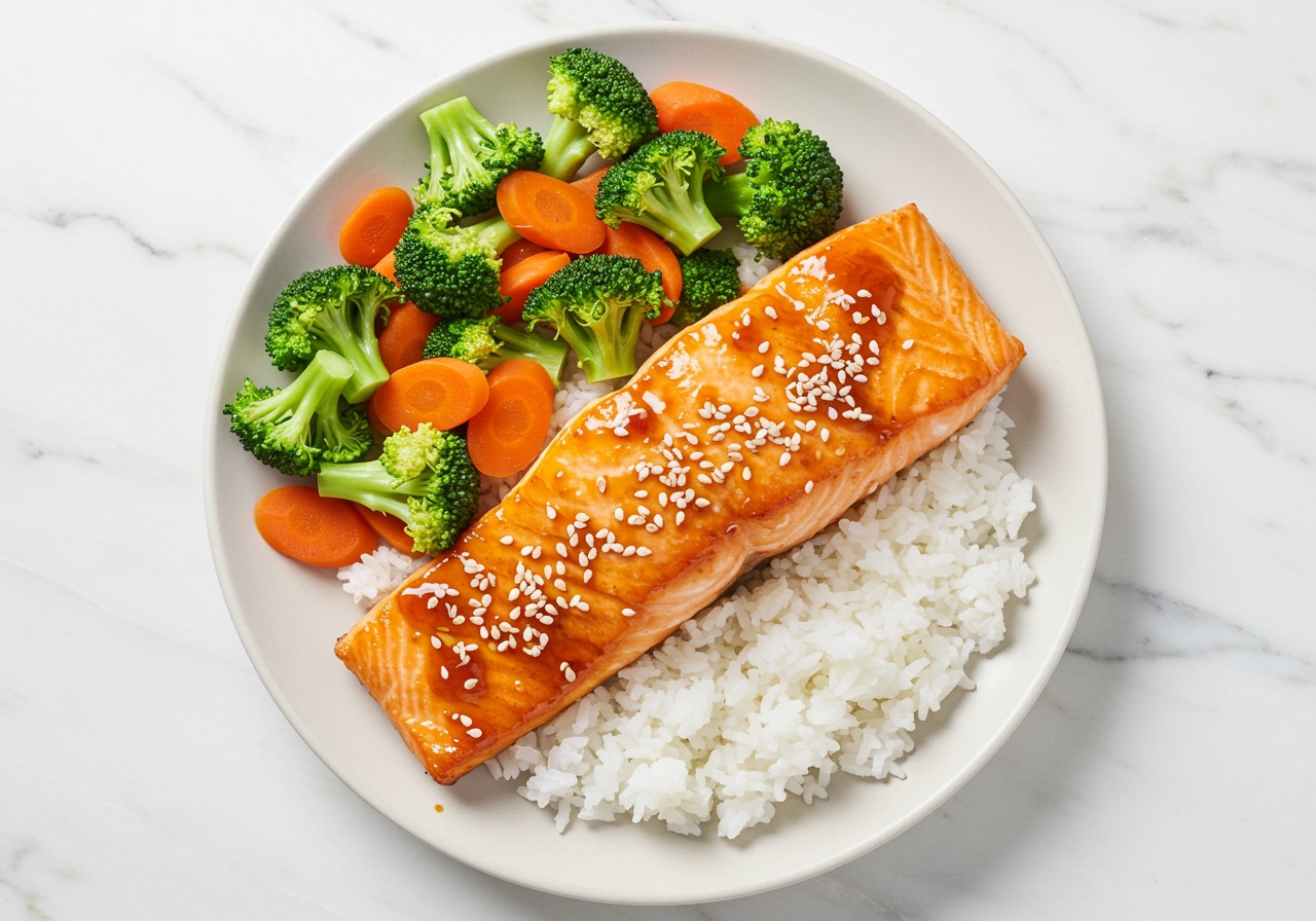 Top-down shot of a complete meal: Air fryer teriyaki-style salmon fillet, a portion of rice, and mixed steamed vegetables (broccoli, carrots), garnished with sesame seeds.