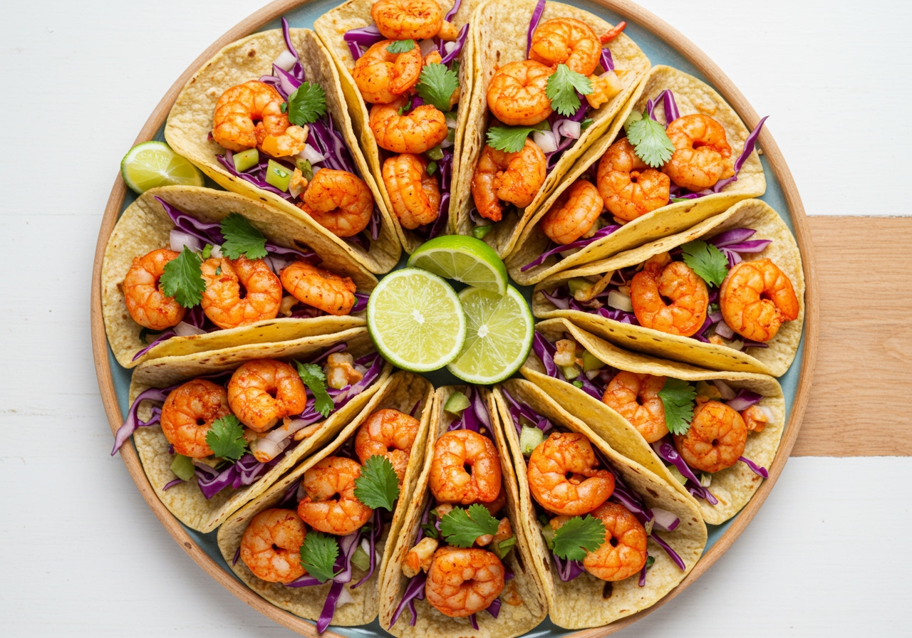 Top-down view of a colorful serving platter filled with several spicy shrimp tacos, garnished with lime wedges and cilantro.