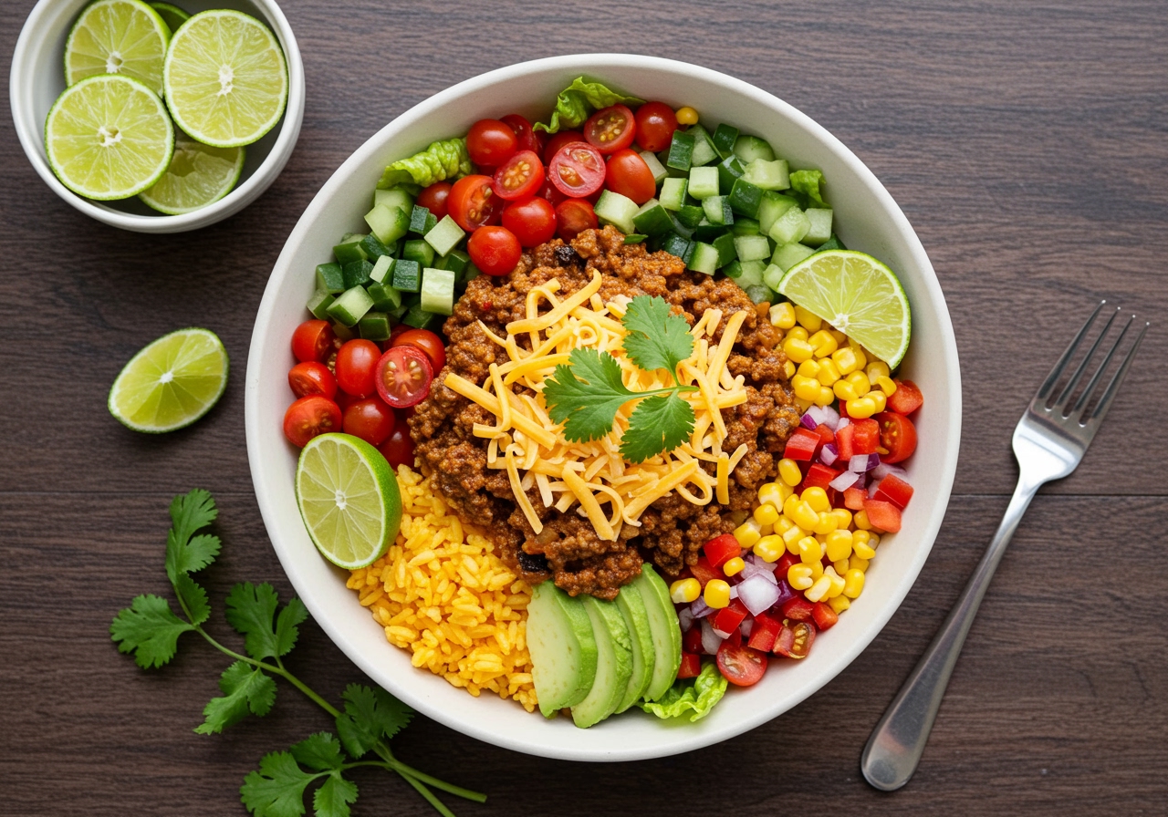 Top-down view of a vibrant Doria Taco Salad bowl, garnished with fresh cilantro and lime wedges, showcasing a perfect blend of warm rice, cheesy topping, and a colorful array of fresh salad ingredients.