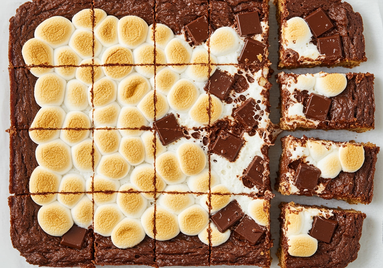 Top view of freshly baked S'mores bars with melted marshmallows and chocolate, sliced into squares.