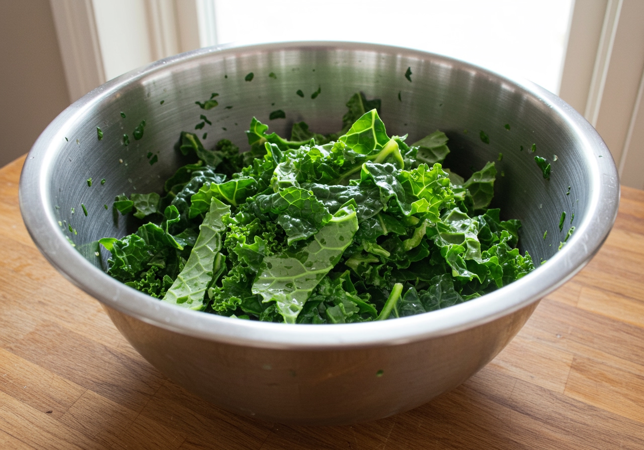 Torn kale leaves in a large mixing bowl, ready for the sauce.