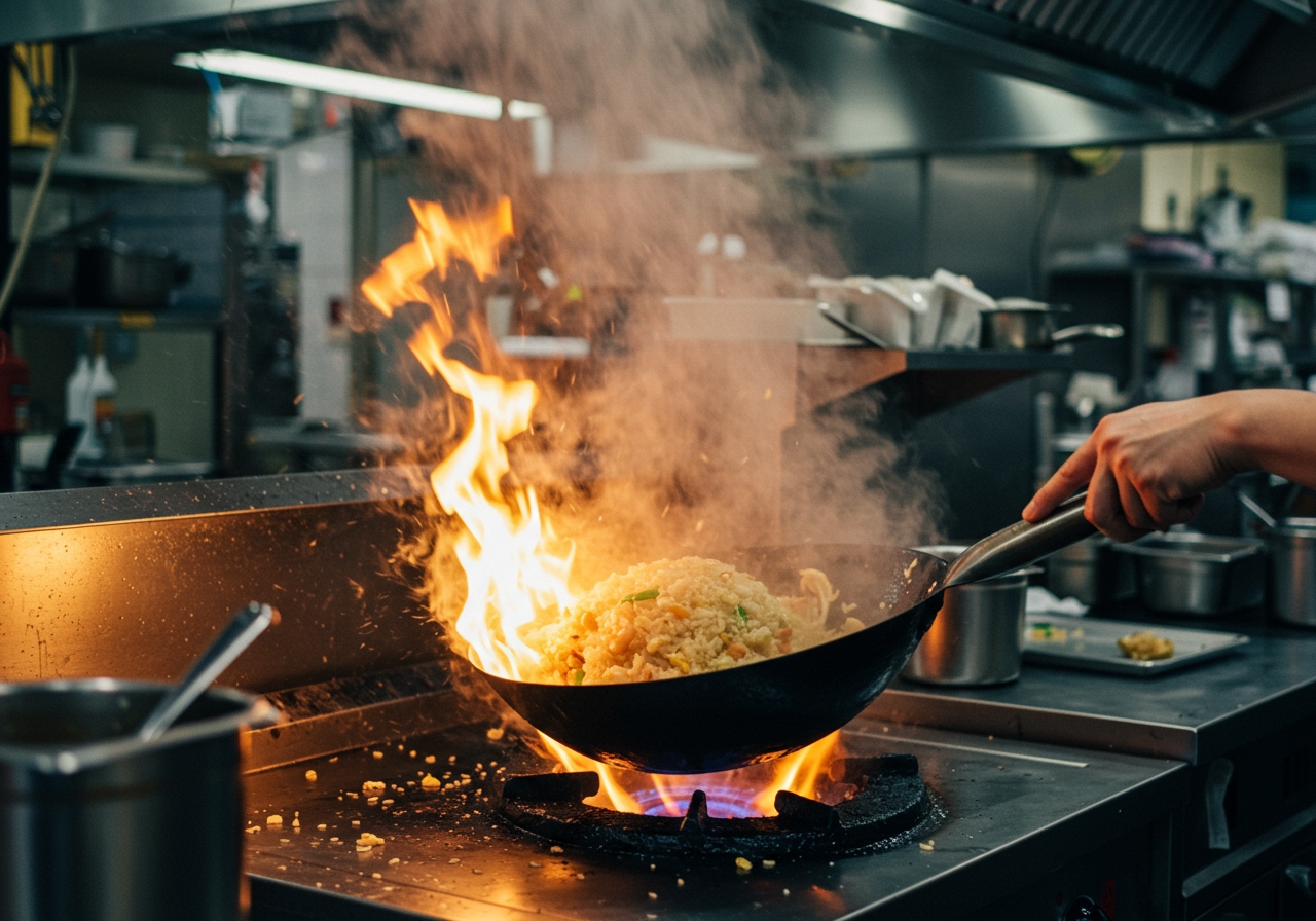 Traditional Chinese wok stir-frying fried rice with steam rising, in a professional kitchen with a chef's hand visible, emphasizing high heat and quick motion.