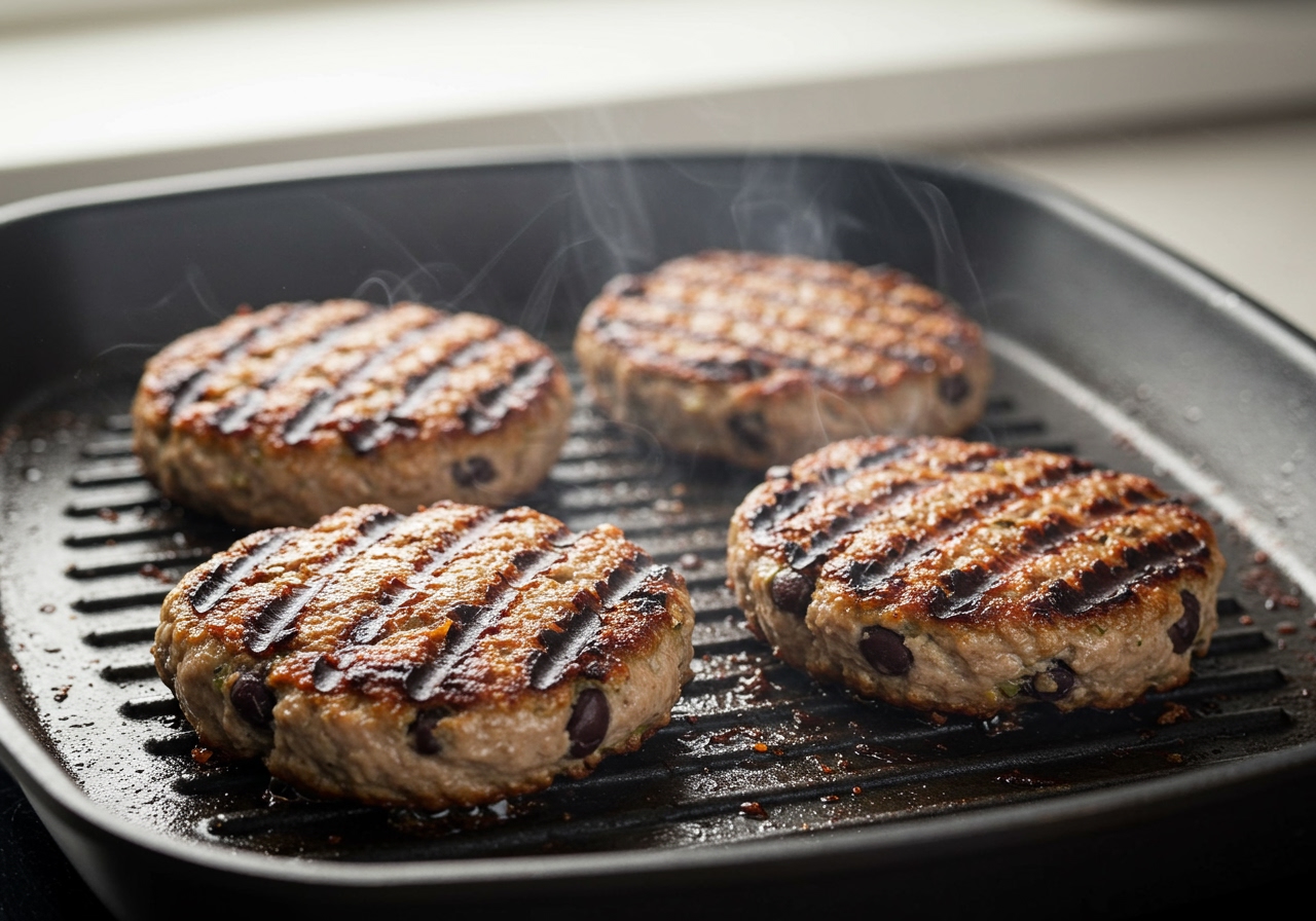 Turkey and black bean burger patties cooking on a grill pan, showing a nice sear.