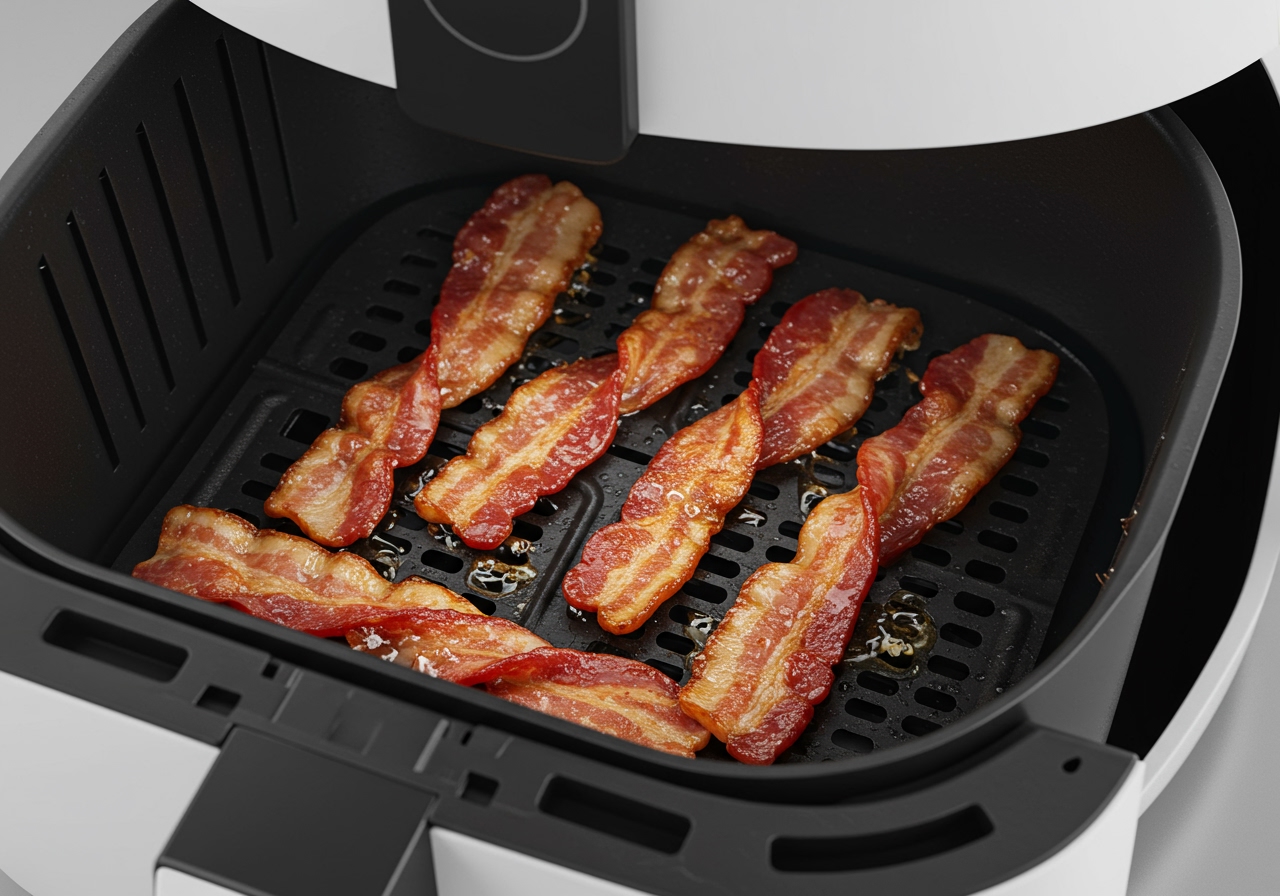 Twisted bacon cooking inside an air fryer basket, showing grease rendering.