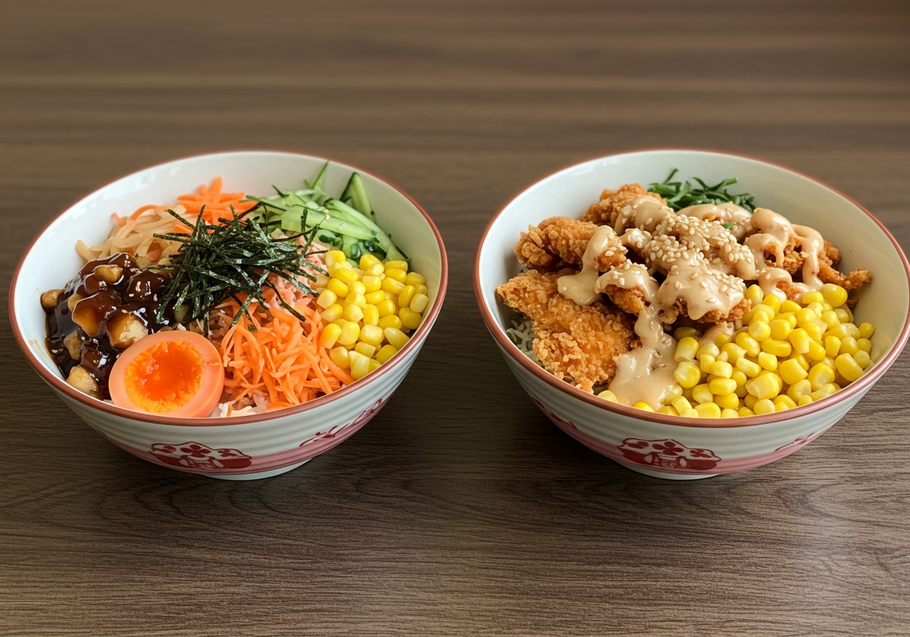 Two bowls of Hiyashi Chuka side-by-side, one with classic sweet-sour soy sauce and traditional toppings, the other with a creamy sesame sauce and varied toppings like chicken strips and corn, showcasing different variations.