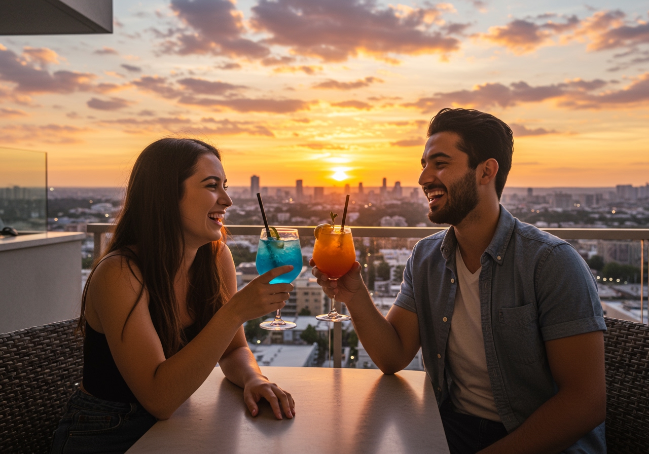 Two friends clinking glasses of colorful frozen cocktails (one alcoholic, one non-alcoholic) on a balcony overlooking a city skyline at sunset, smiling and laughing.