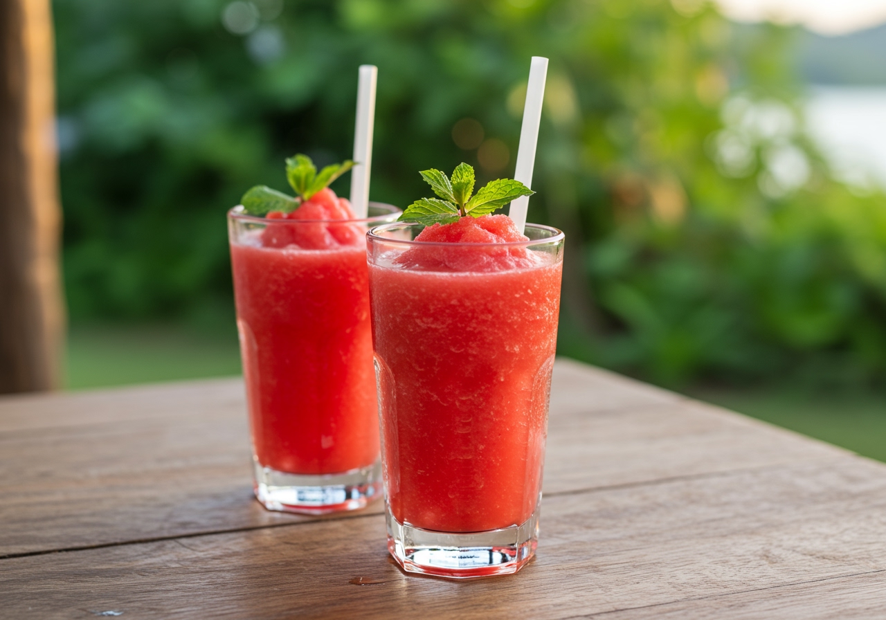 Two glasses of Thai watermelon smoothie on a table, possibly outdoors or with a hint of a tropical background, looking very refreshing.