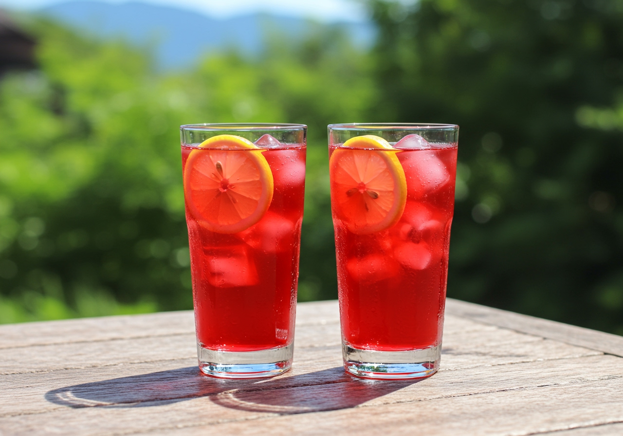 Two glasses of vibrant red shiso juice with ice and lemon slices on a wooden table outdoors in summer