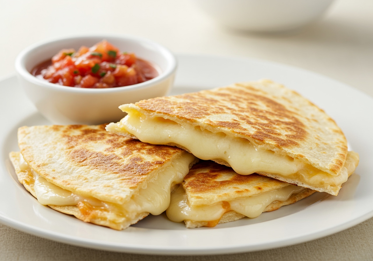 Two golden-brown cheese quesadillas, cut in half, stacked on a white plate with a small bowl of red salsa on the side. Melted cheese is visible, stretching slightly. Background is bright and clean.