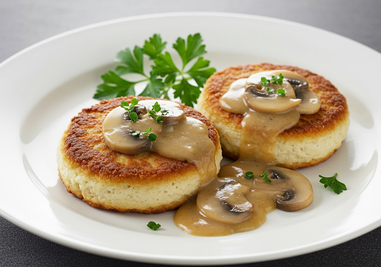 Two Japanese-style tofu patties (tofu hamburg) topped with a light brown mushroom sauce, served on a white plate.