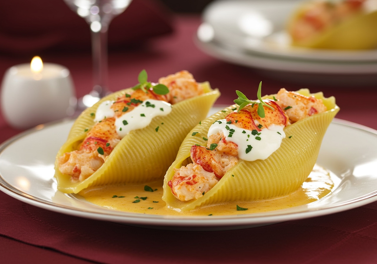 Two large pasta shells generously stuffed with succulent lobster meat, a creamy white sauce, and a sprinkle of fresh herbs, presented elegantly on a serving plate. The background suggests a romantic dinner setting with soft lighting.