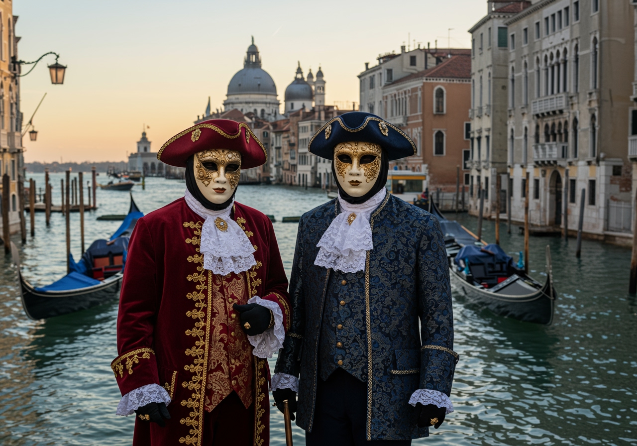 Two people in elaborate, traditional Venetian masks and ornate historical costumes, standing by a canal in Venice during Carnival, with gondolas in the background.