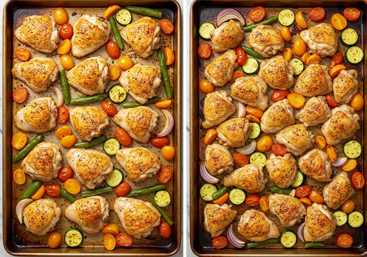 Two sheet pans, one with properly spaced vegetables and chicken pieces showing good browning, and another overcrowded sheet pan with ingredients piled up.