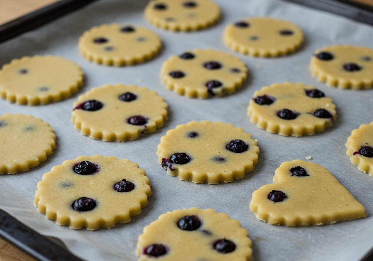 Unbaked blueberry cookies arranged on a baking sheet lined with parchment paper, showing cut shapes and visible blueberries.