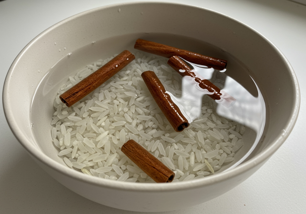 Uncooked rice and cinnamon sticks soaking in a bowl of water