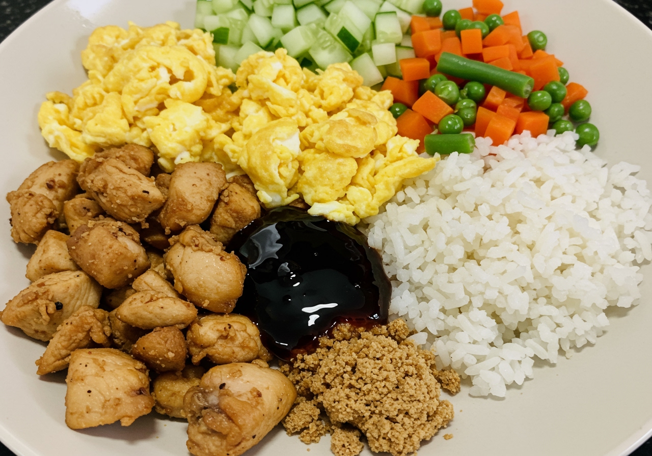 Variety of key ingredients for Nasi Goreng, including rice, chicken, eggs, vegetables, kecap manis, and terasi.