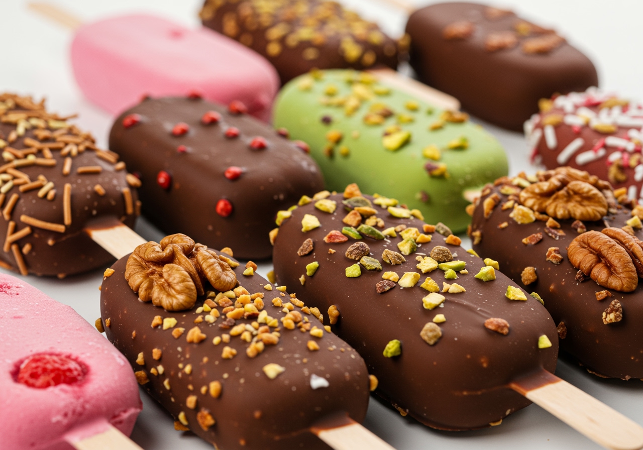 Variety of novelty ice cream bars dipped in chocolate and sprinkled with nuts