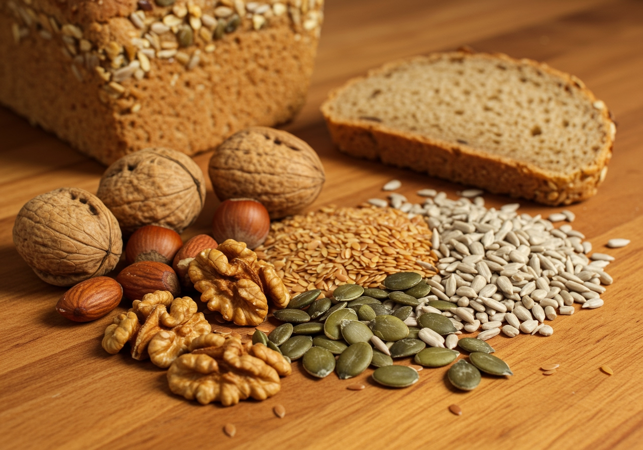 Variety of nuts and seeds commonly used in bread laid out on a wooden table, perhaps with a loaf of finished nut bread in the background.