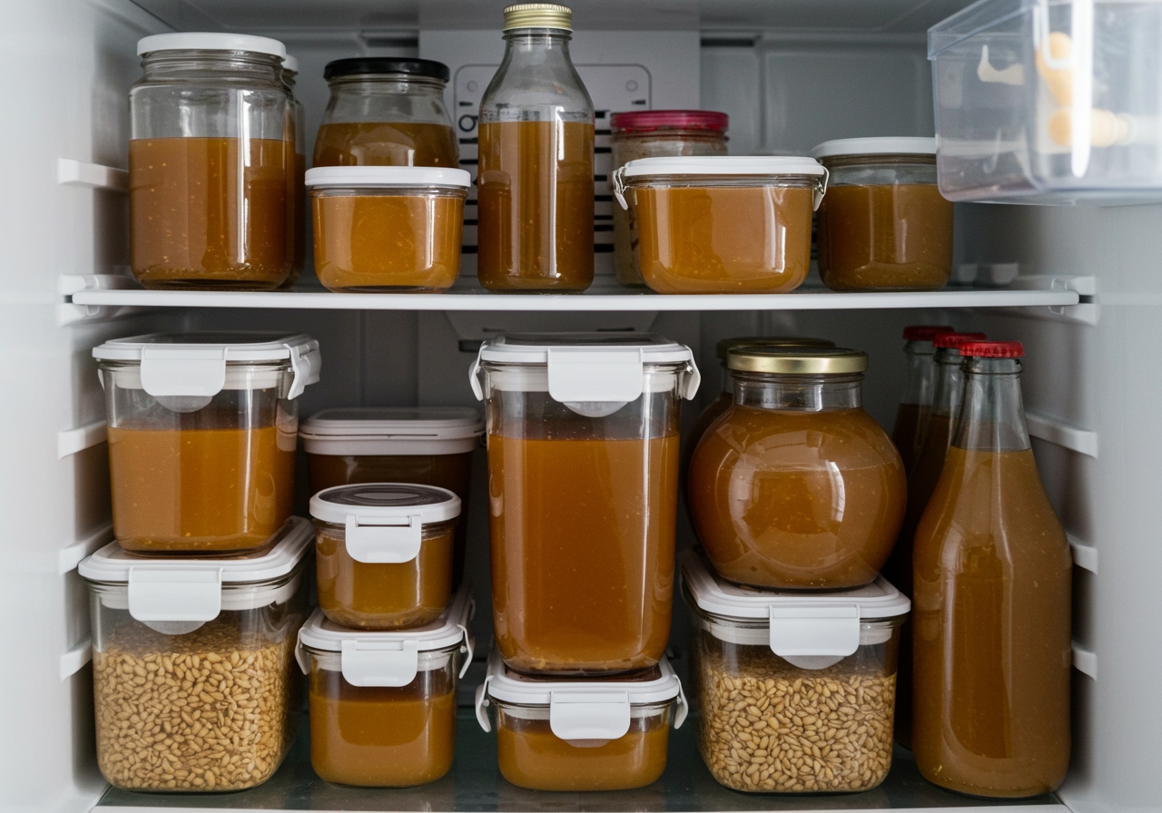 Various airtight containers and bottles filled with brewed barley tea stored neatly in a refrigerator.