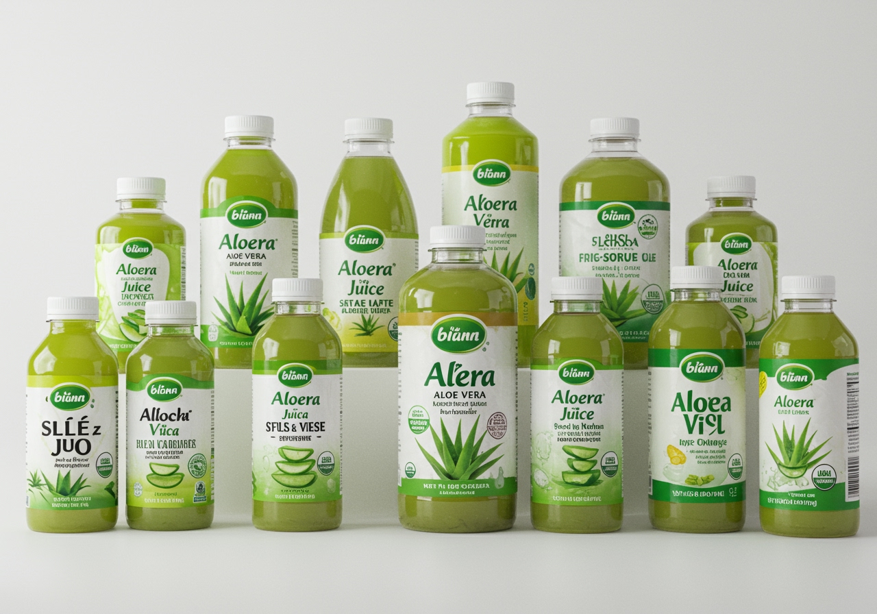 Various bottles of aloe vera juice lined up on a shelf, emphasizing different product choices.
