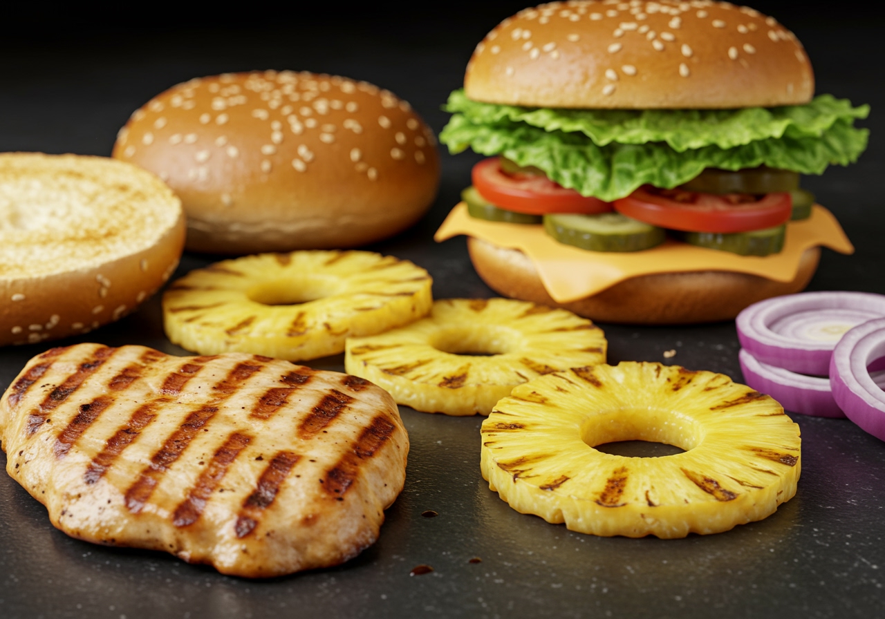 Various burger toppings and cooked ingredients (chicken, pineapple, lettuce, tomato, onion, buns) arranged neatly, ready for assembly.