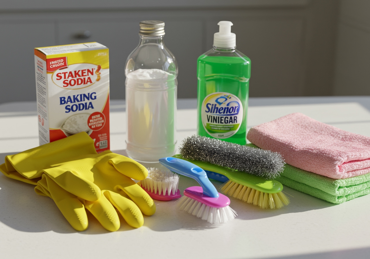 Various cleaning supplies laid out neatly, including baking soda, vinegar, dish soap, gloves, and scrub brushes
